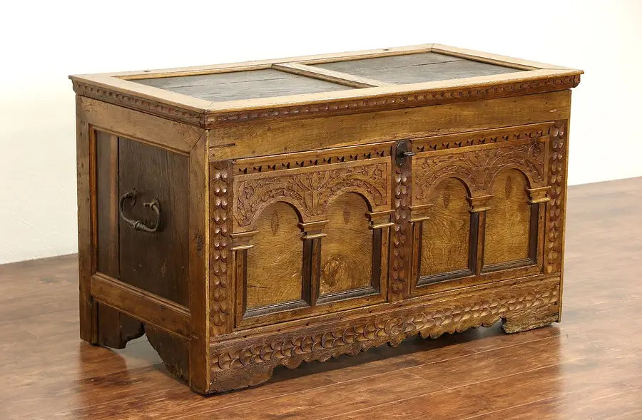 Main image of Dutch mid 1700's Antique Carved Oak Dowry or Blanket Chest, Original Lock
