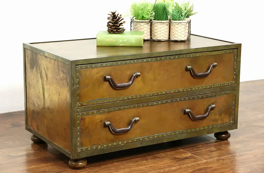 Main image of Copper & Brass Patinated Vintage Trunk or Coffee Table, Signed Serraid Spain
