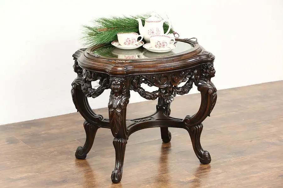 Main image of Walnut 1920's Antique Coffee or Chairside Table, Glass Tray, Carved Figures