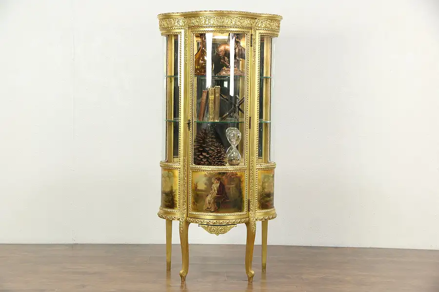 Main image of Gold 1920's Antique French Vitrine or Curio Display Cabinet, Curved Glass