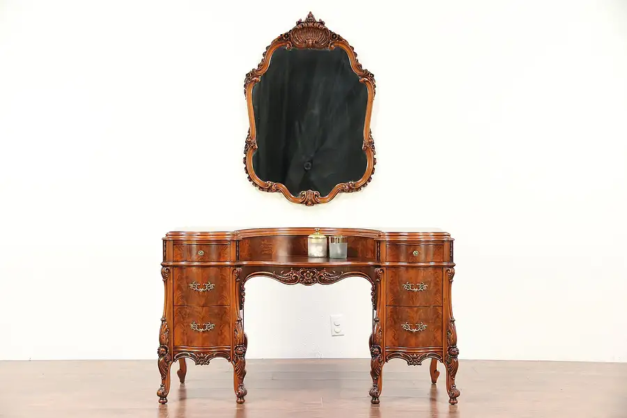 Main image of French Style Antique Carved Vanity or Dressing Table & Wall Mirror
