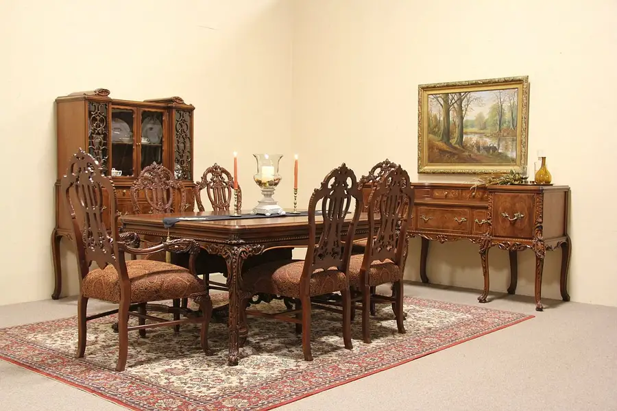 Main image of Carved Walnut Vintage Dining Set, China & Sideboard