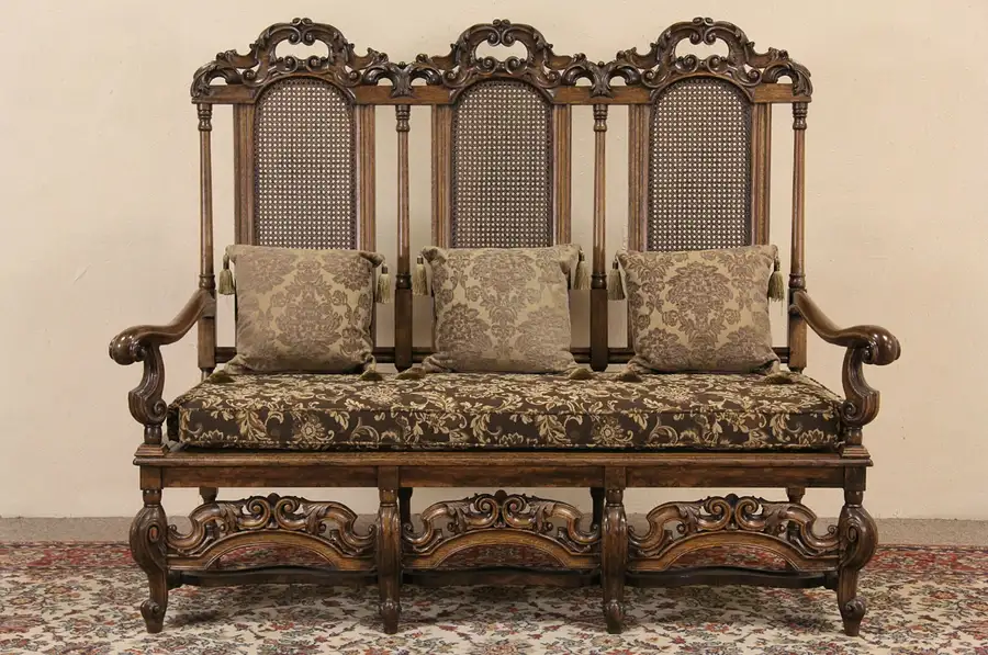 Main image of Karpen Chicago Antique 1890 Carved Oak Hall Bench or Settee, Upholstered Cushion