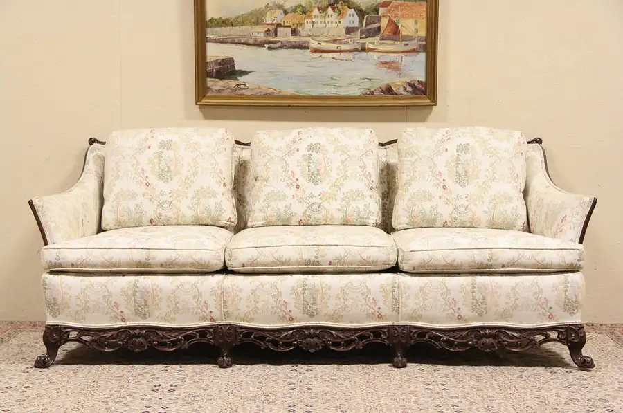 Main image of Carved Frame 1930's Vintage Sofa, Down Pillows