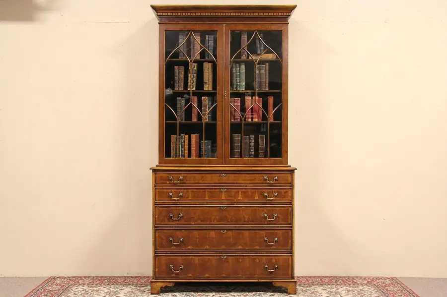 Main image of Cherry Banded English 1900 Antique Butler Secretary Desk & Bookcase