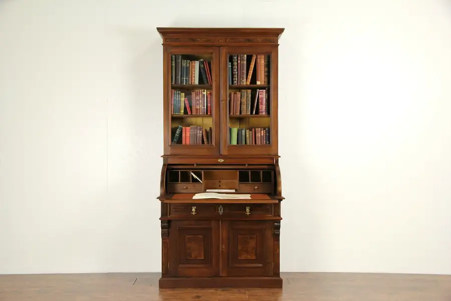Main image of Victorian 1890 Antique Walnut Cylinder Roll Top Secretary Desk & Bookcase