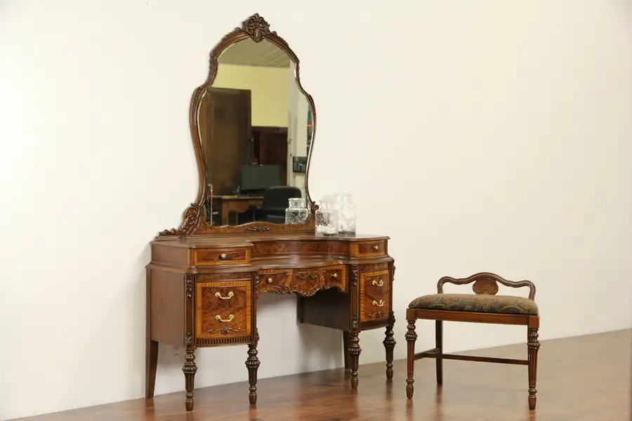 Main image of Dressing Table or Vanity & Bench, 1930's Vintage Carved Walnut & Burl