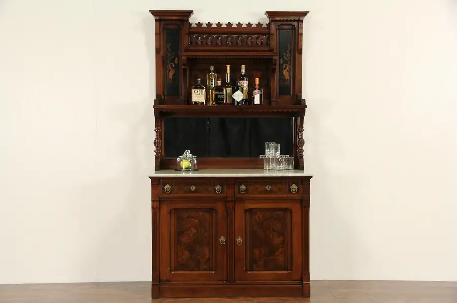 Main image of Victorian Eastlake 1870 Antique Sideboard Server, Marble & Crane Marquetry