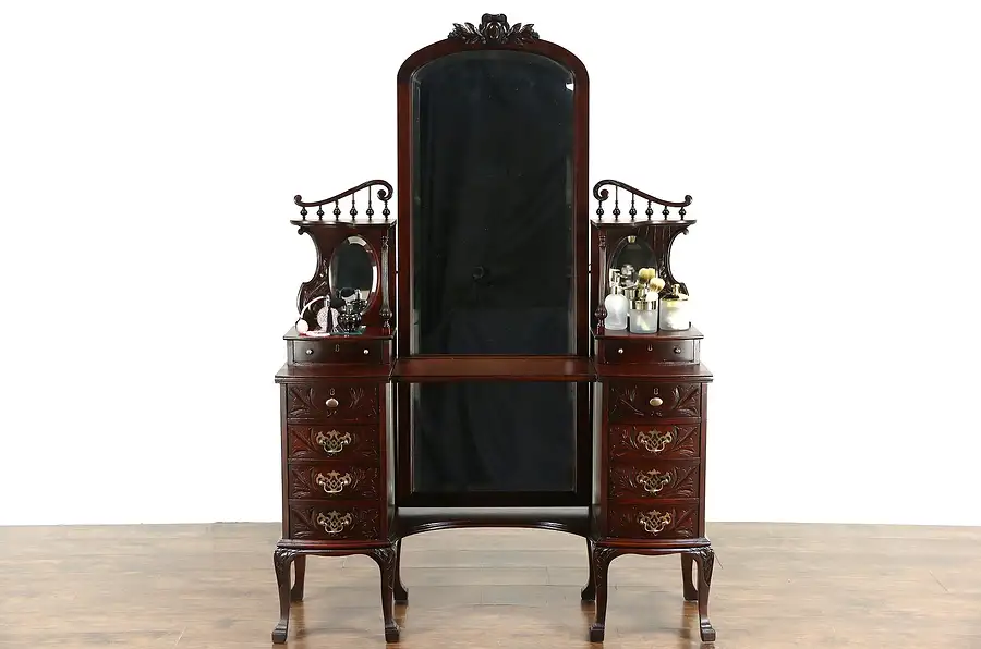 Main image of Victorian 1895 Antique Carved Mahogany Dressing Table, Vanity & Dressing Mirror