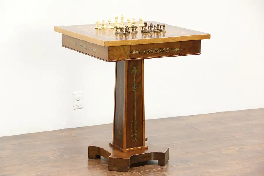 Main image of Parquetry Inlaid 1900 Antique Chess, Checker Game Table, Signed