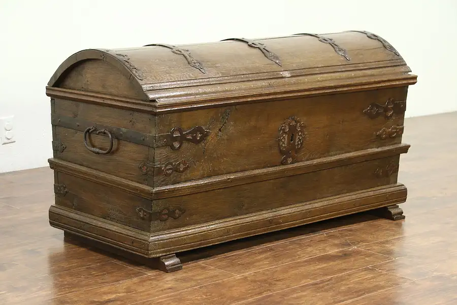 Main image of Oak Antique 1800 Treasure Chest or Trunk, Wrought Iron Bindings, Germany