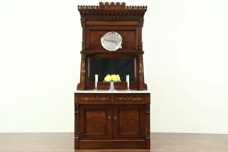 Main image of Victorian Eastlake Antique Marble Top Walnut Sideboard Server, Mirror