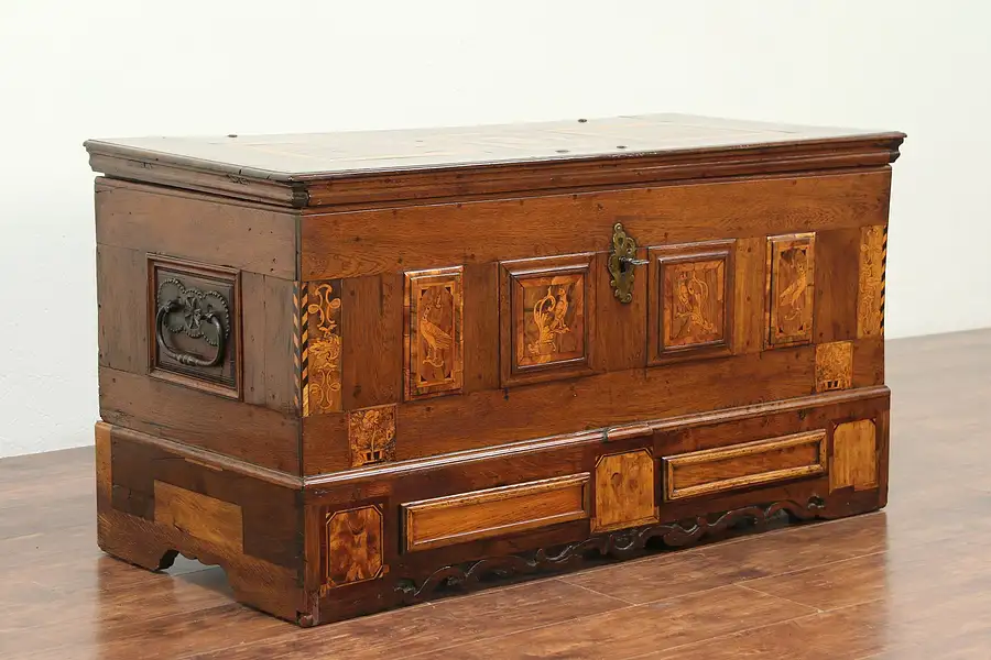 Main image of Dowry Chest or Trunk, Marquetry Birds, Wrought Iron Lock, 1760 Antique