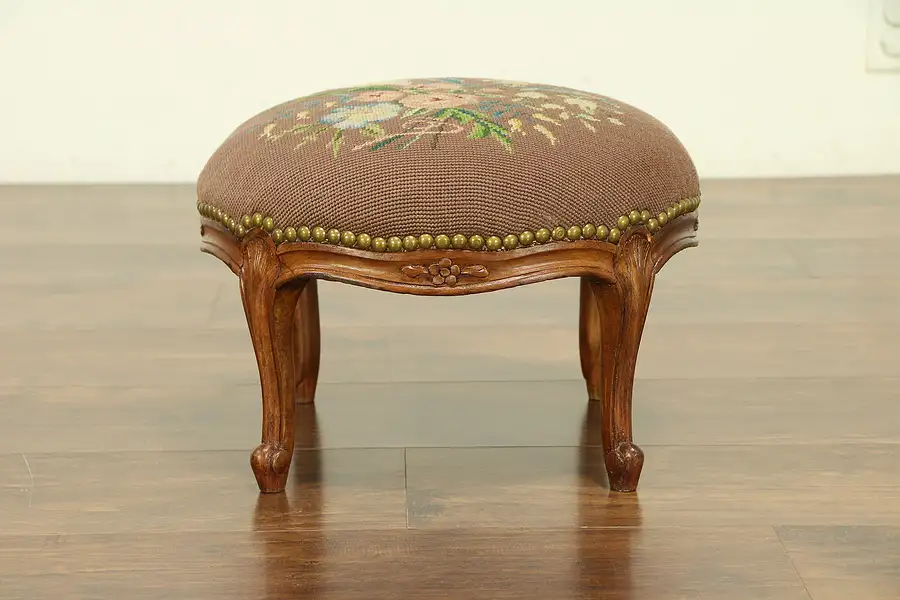 Main image of French Antique Round Carved Fruitwood Footstool, Needlepoint Upholstery