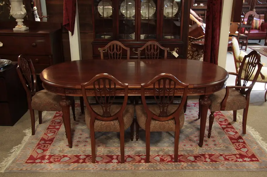 Main image of Carved Dining Set, 6 Chairs, Oval Banded Table