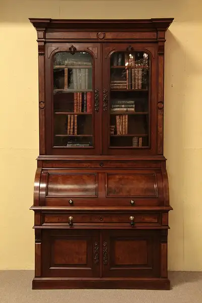 Main image of Victorian Cylinder Roll Secretary Desk Bookcase Top