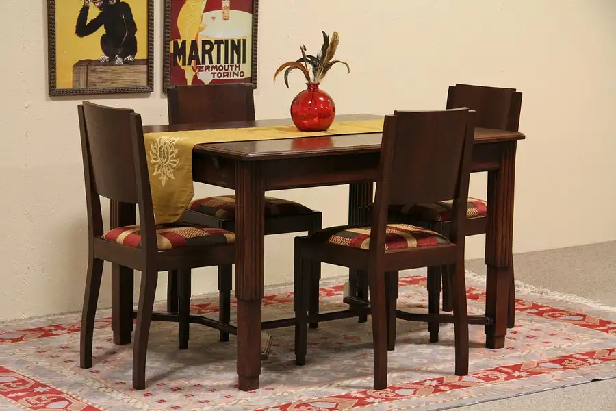 Main image of Art Deco 1930's Antique Oak Dining Set, Table, 4 Chairs