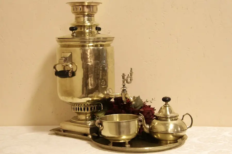 Main image of Russian Czarist Era 1904 Brass Samovar, Teapot & Accessories