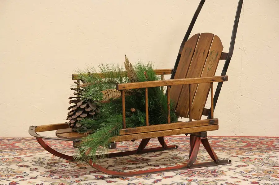 Main image of Child's Push or Pull Oak and Iron Antique 1920 Sled