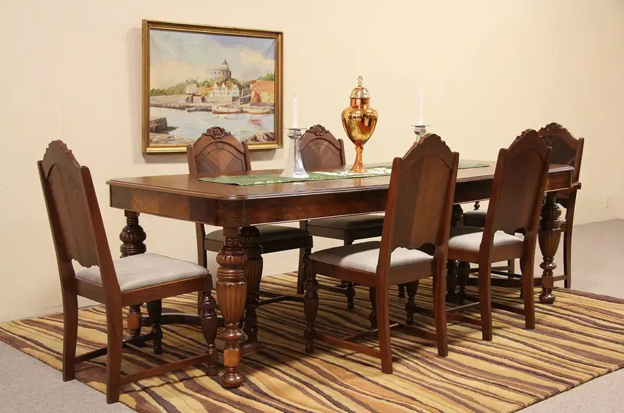 Main image of Art Deco Antique 1935 Dining Set, 6 Chairs, Table with 3 Leaves