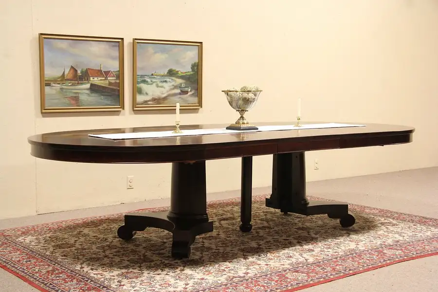 Main image of Round American Empire Mahogany 1910 Dining Table With 6 Leaves, Extends 10'