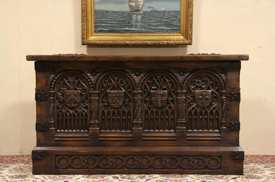 Main image of French Gothic Carved 1900 Antique Oak Treasure Chest or Trunk