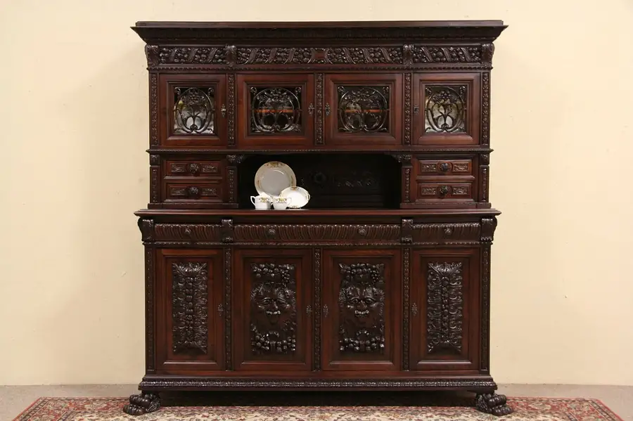 Main image of Italian Renaissance Carved Lion Paw 1890's Signed Sideboard Cabinet