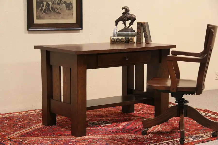 Main image of Arts & Crafts Mission Oak Antique 1905 Library Table Writing Desk, Drawer