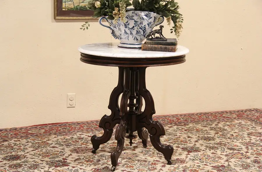 Main image of Victorian 1870 Antique Oval Marble Top Parlor Table