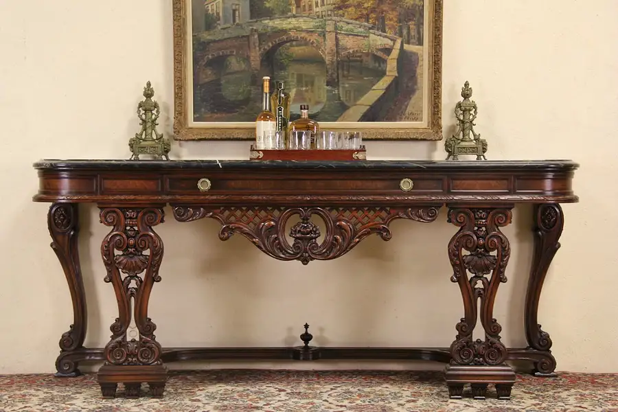 Main image of Renaissance Carved 1920's Marble Top Sideboard, Server or Console Table