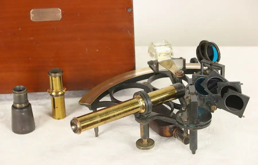 Main image of Hezzanith London Signed 1900's Antique Naval Ship Sextant, Mahogany Case
