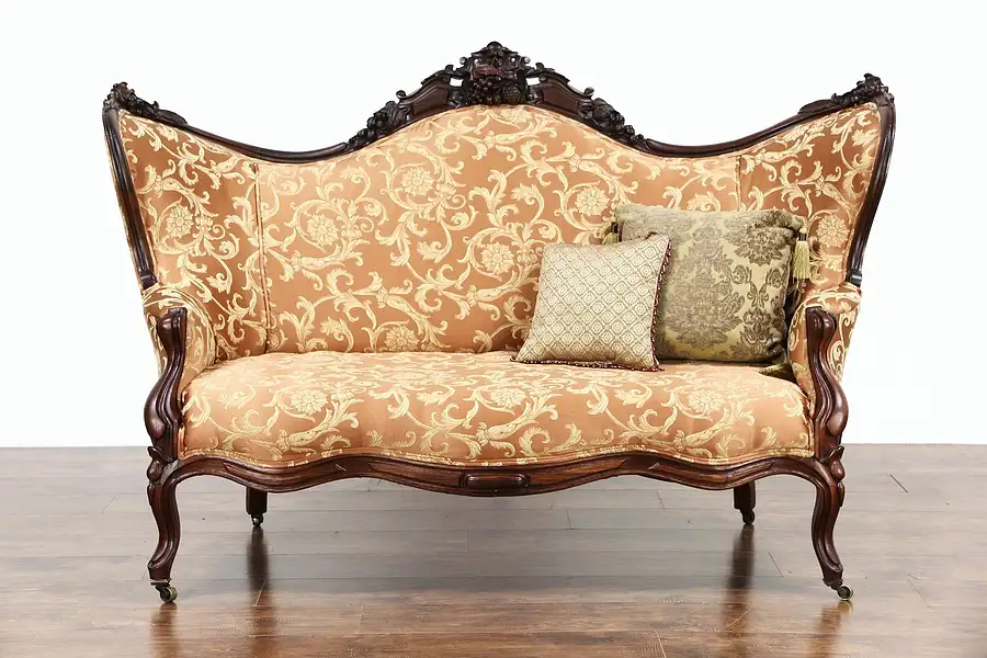 Main image of Victorian 1860 Antique Carved Grape & Fruit Motif Rosewood Sofa, New Upholstery