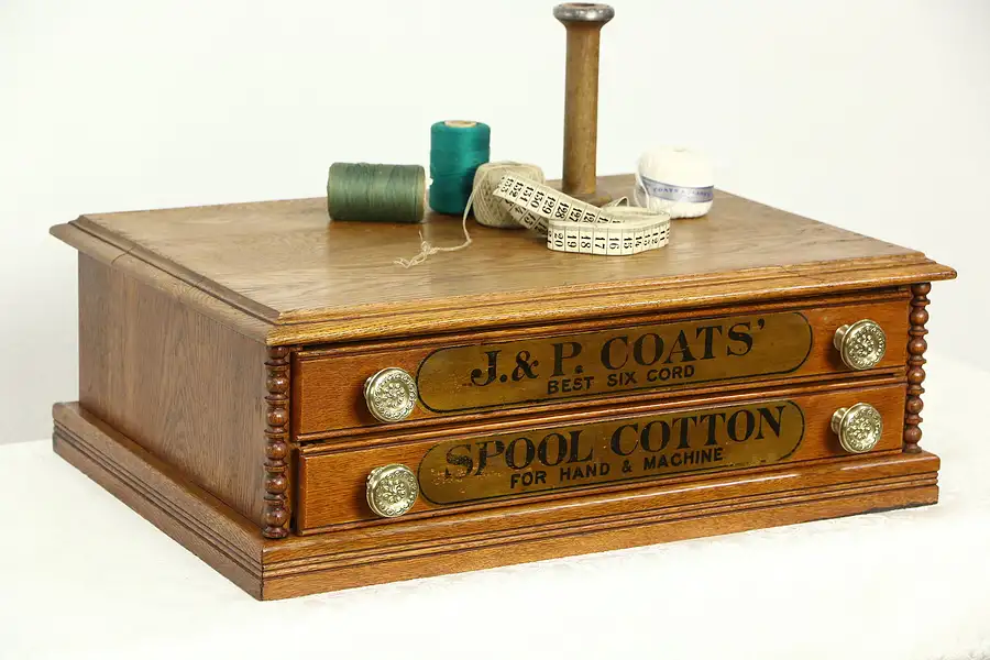 Main image of Coats Signed Oak Antique 1890's Spool Cabinet, Jewelry or Collector Chest