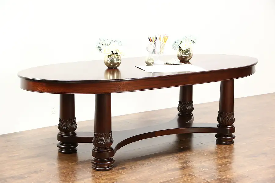 Main image of Oval Conference or Dining Table, 1900 Antique Mahogany Carved Base
