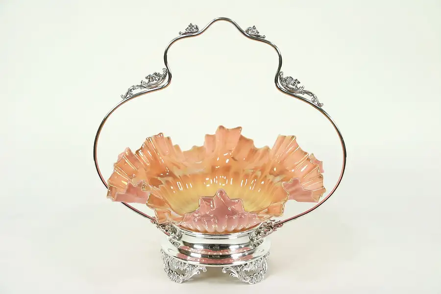 Main image of Victorian Antique Bride Basket, Poole Silverplate & Peachblow Glass