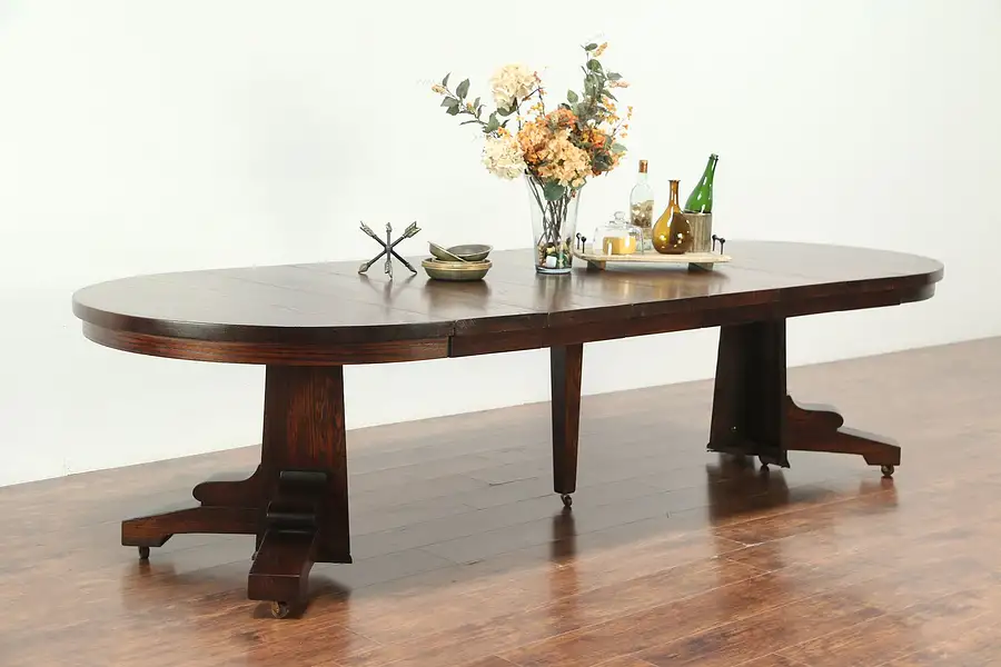 Main image of Arts & Crafts Mission Oak 48" Antique Craftsman Dining Table, 6 Leaves