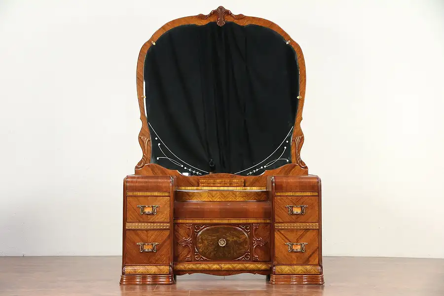 Main image of Waterfall Art Deco 1930's Vintage Dressing Table or Vanity & Mirror