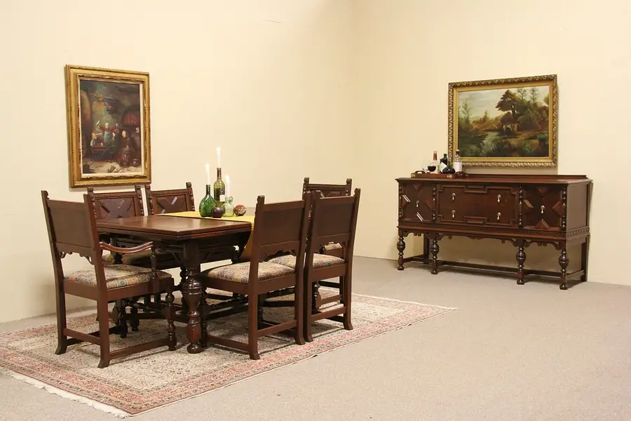 Main image of Tudor Antique 1925 Antique Dining Set, Refectory Table, Sideboard, 6 Chairs