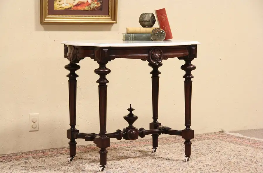 Main image of Victorian Renaissance 1865 Antique Marble Top Oval Lamp Table
