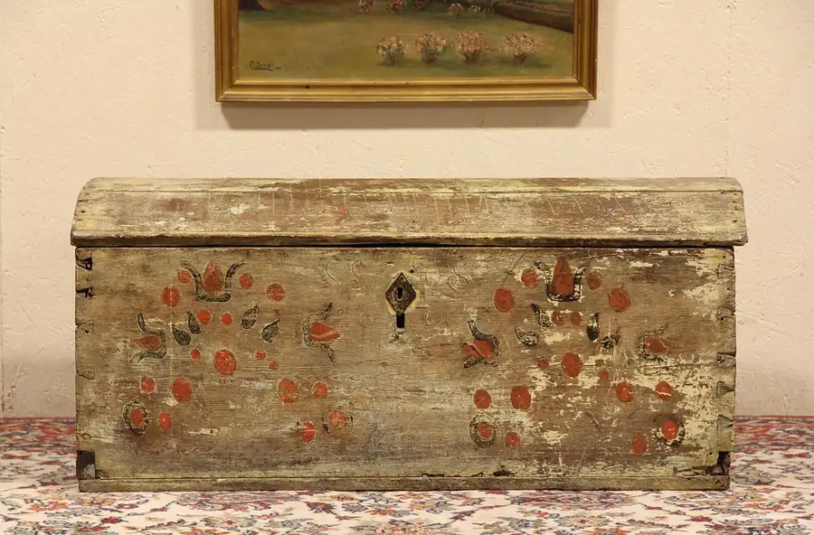 Main image of Norwegian Rosemaling or Swedish Painted 1800's Antique Pine Bride's Trunk