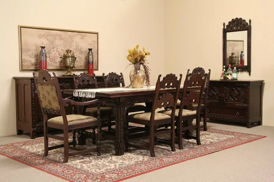 Main image of English Tudor 1925 Carved Oak Dining Set, Table & 6 Chairs, Sideboard, Huntboard