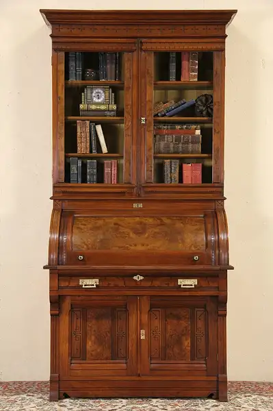Main image of Victorian Eastlake 1870 Cylinder Roll Top Secretary Desk, Bookcase Top