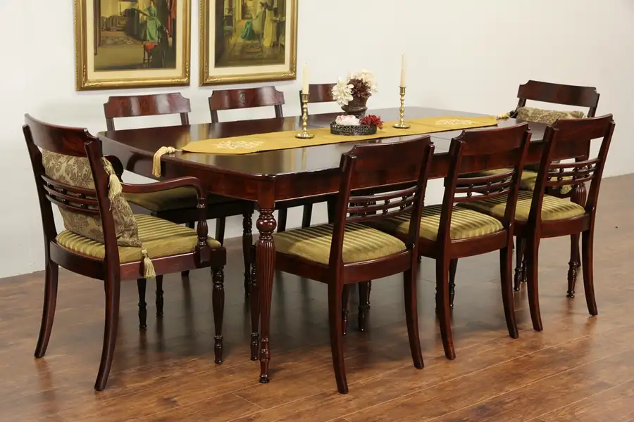 Main image of Sheraton 1930 Vintage Dining Set, Table, 4 Leaves, 8 Chairs, Mahogany, Marquetry