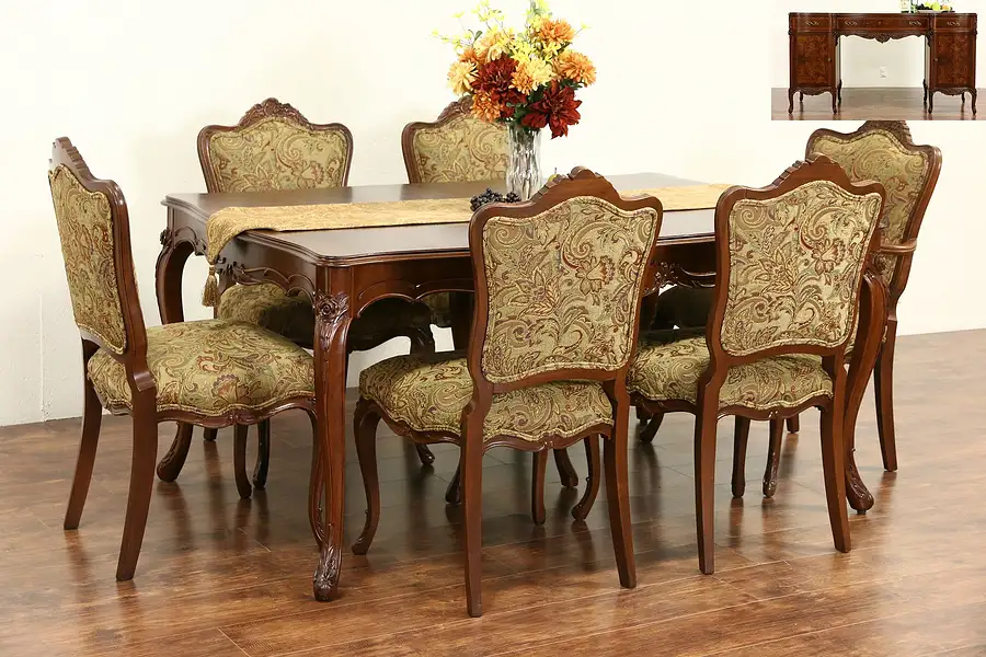 Main image of Country French 1940's Vintage Dining Set, Table, Leaves, 6 Chairs New Upholstery
