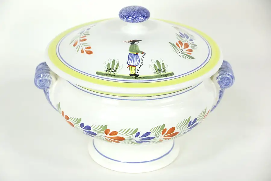 Main image of Quimper Signed Hand Painted Covered Casserole or Serving Bowl with Lid