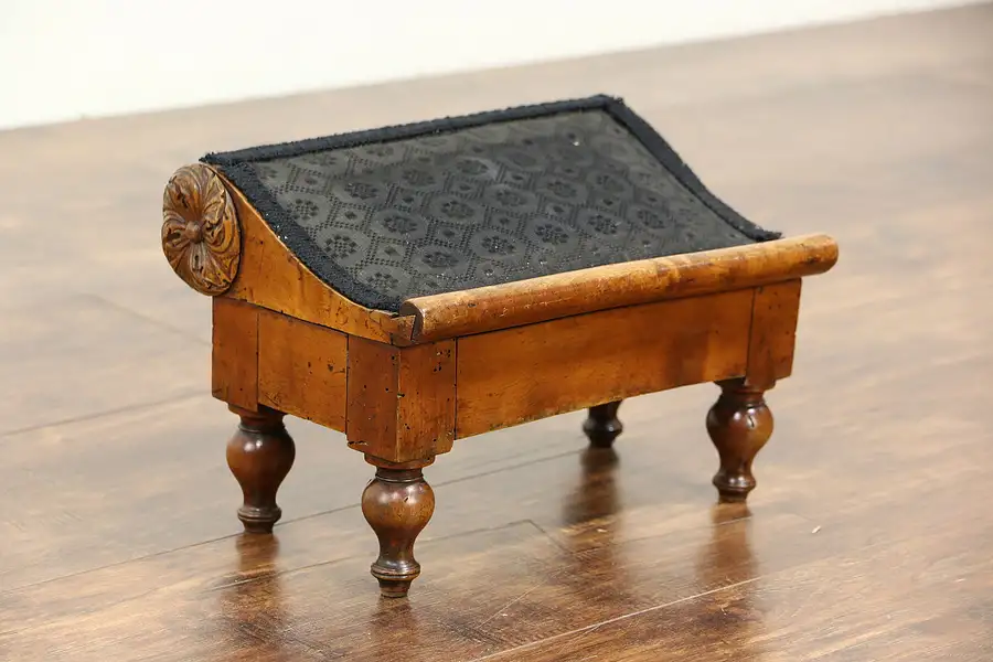 Main image of English Carved 1830 Antique Fruitwood Footstool, Horse Hair Upholstery