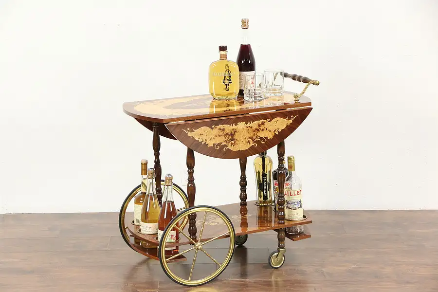 Main image of Italian Rosewood Marquetry and Brass Dropleaf Bar or Tea Cart, Vintage