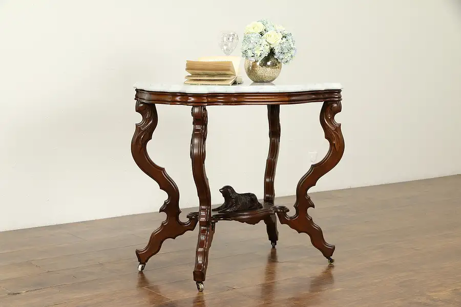 Main image of Victorian Antique Walnut Marble Top Parlor or Lamp Table, Carved Dog
