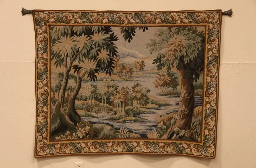 Main image of French Halluin Tapestry River Scene & Bridge