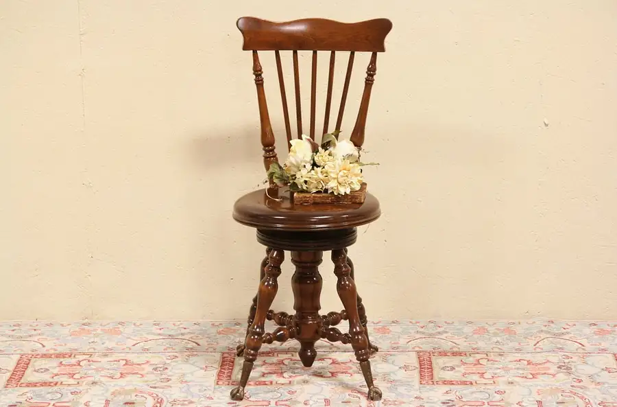 Main image of Swivel 1900 Antique Piano or Organ Stool, Glass Ball & Claw Feet